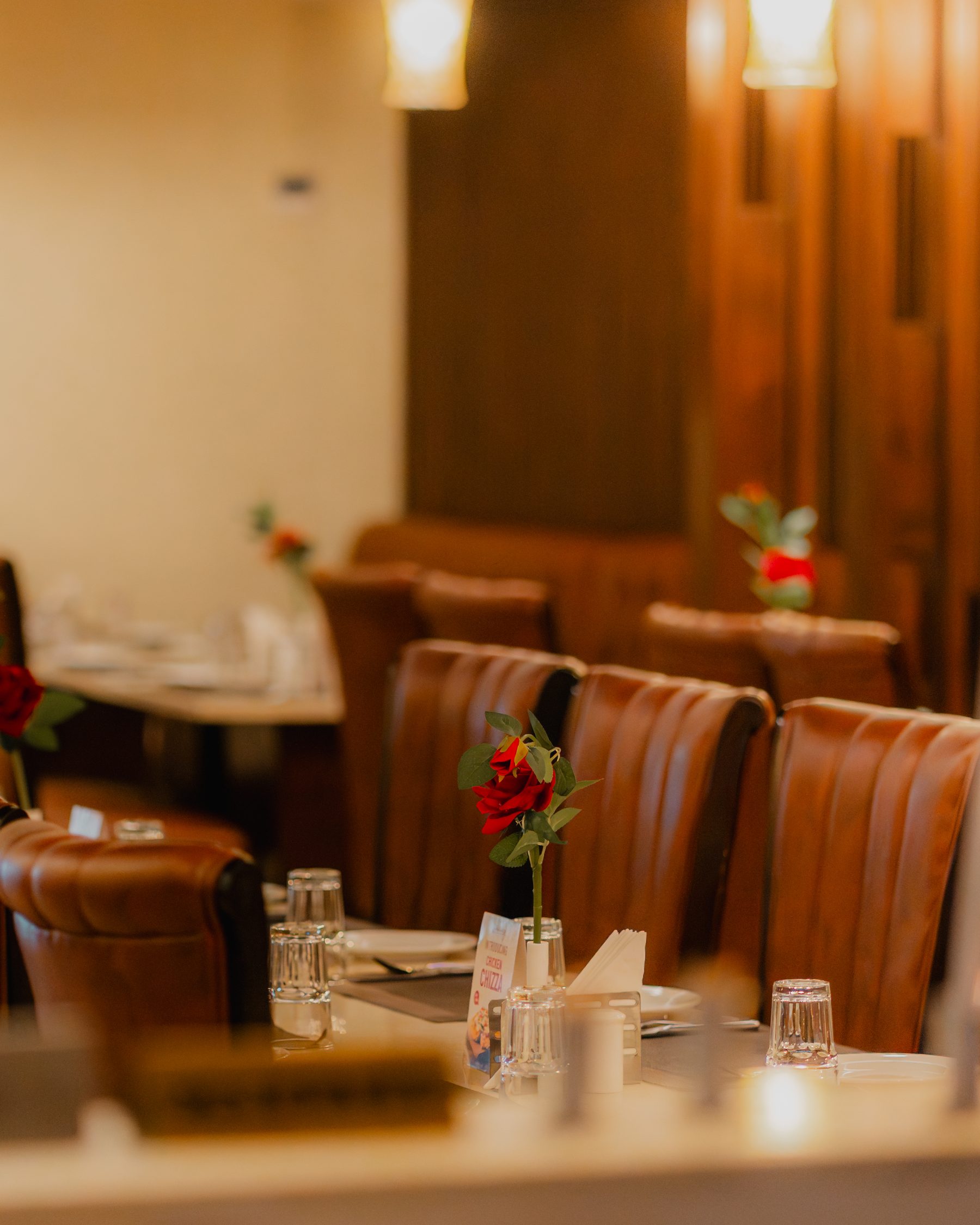 Galaxy in daylight, tan leather chairs and laid tables