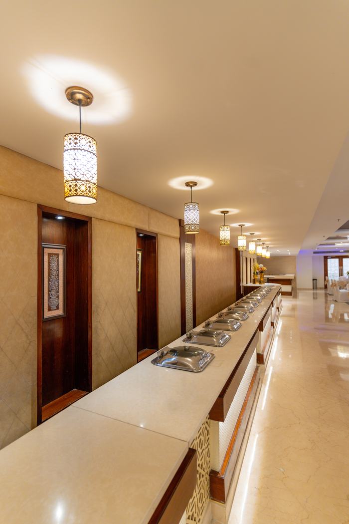 The buffet counters, laid and ready